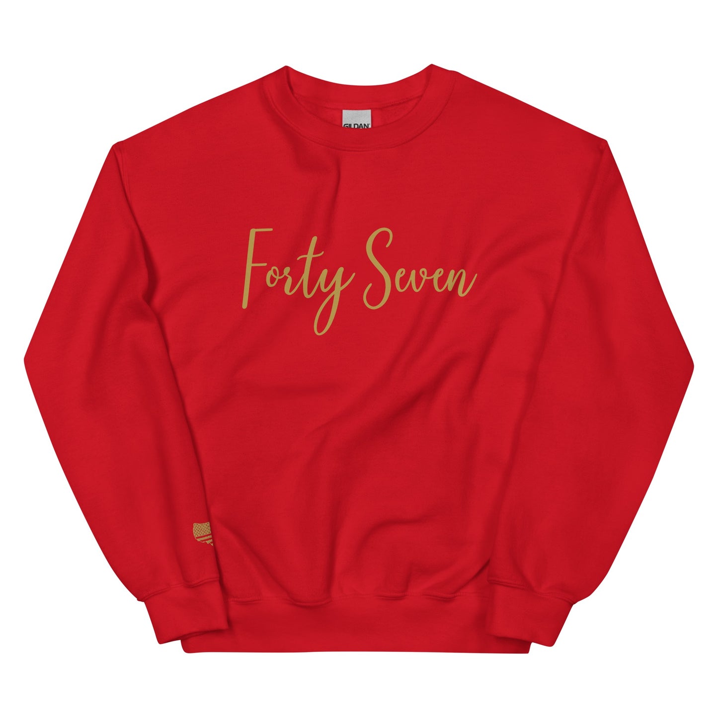 Red sweatshirt with 'Forty Seven' printed in gold on a white background