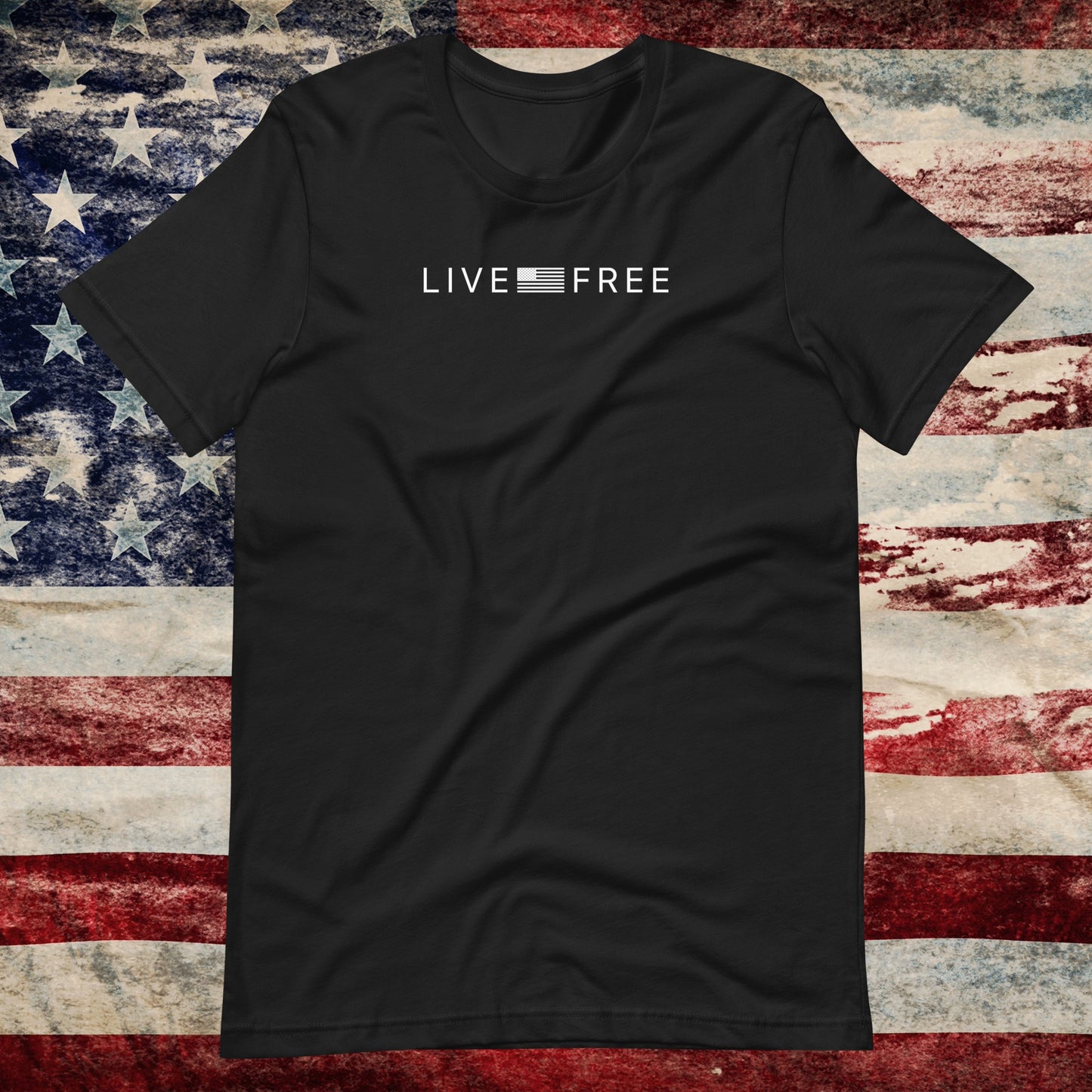 Black t-shirt with 'LIVE FREE' text on an American Flag background