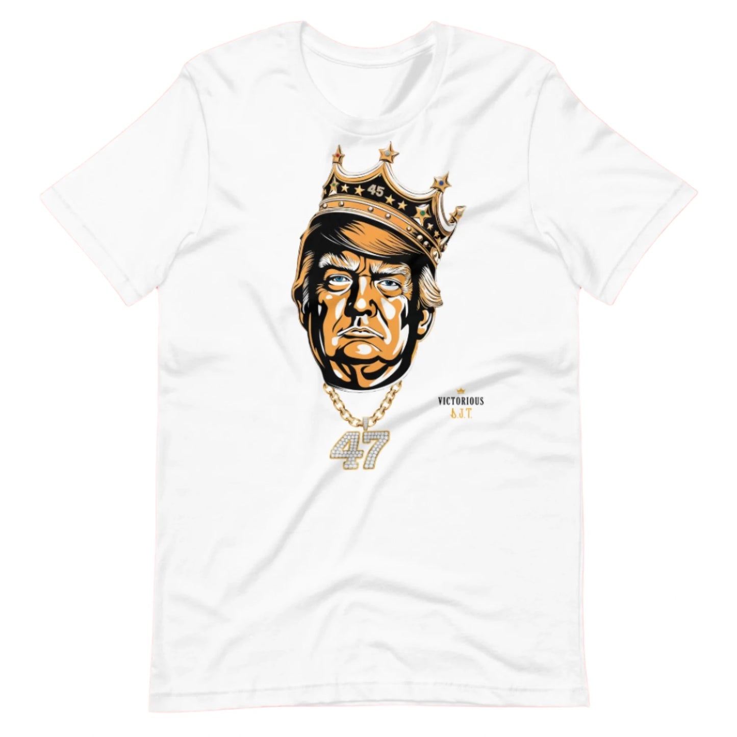 White t-shirt with a graphic of DJT wearing a crown and number 47 on a white background