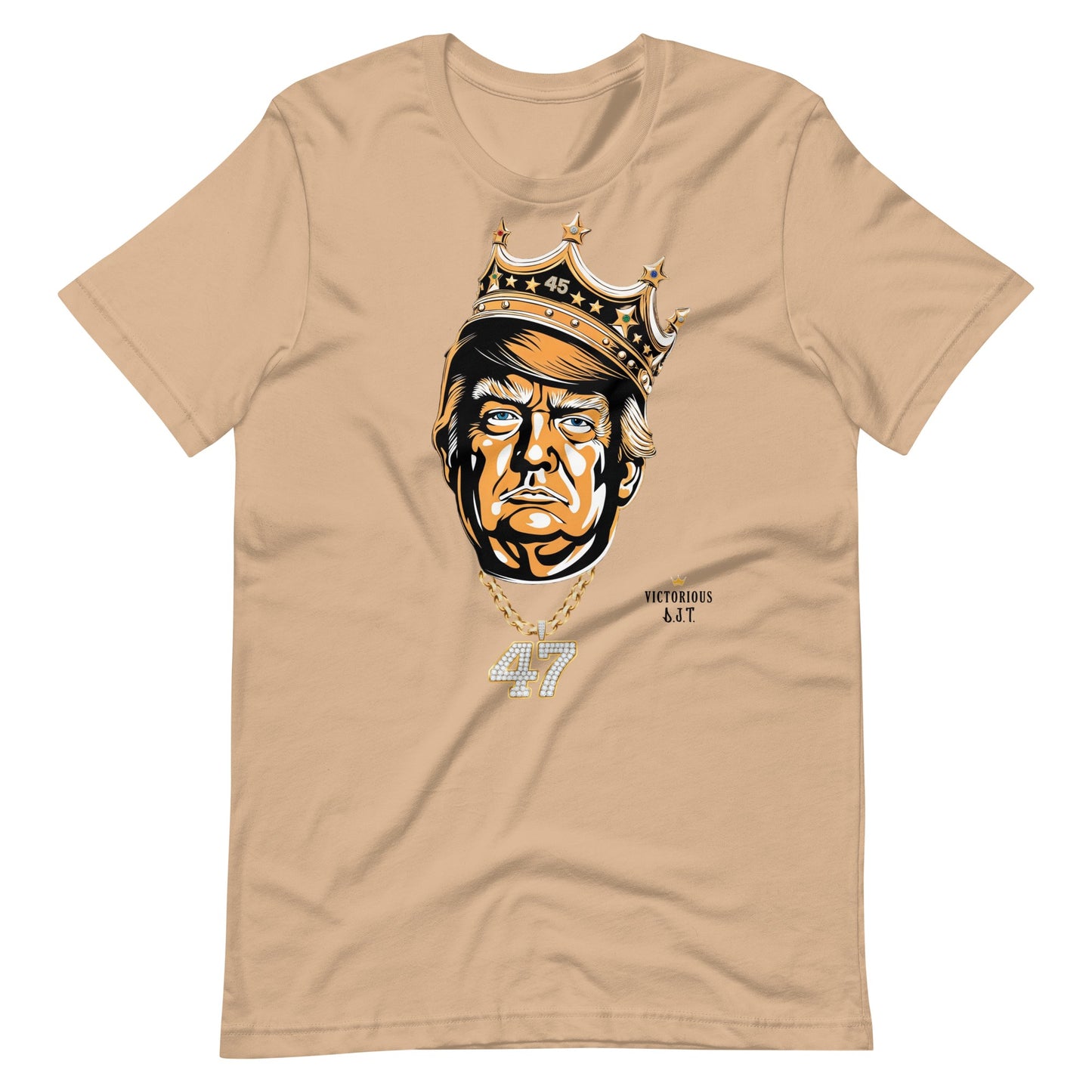 Tan t-shirt with a graphic of DJT wearing a crown and number 47 on a white background