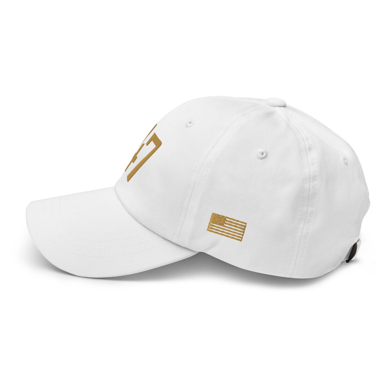 White cap with gold logo and text on a white background