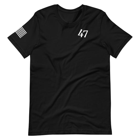Black t-shirt with a 47 logo on the chest with American Flag badge on the sleeve against a white background