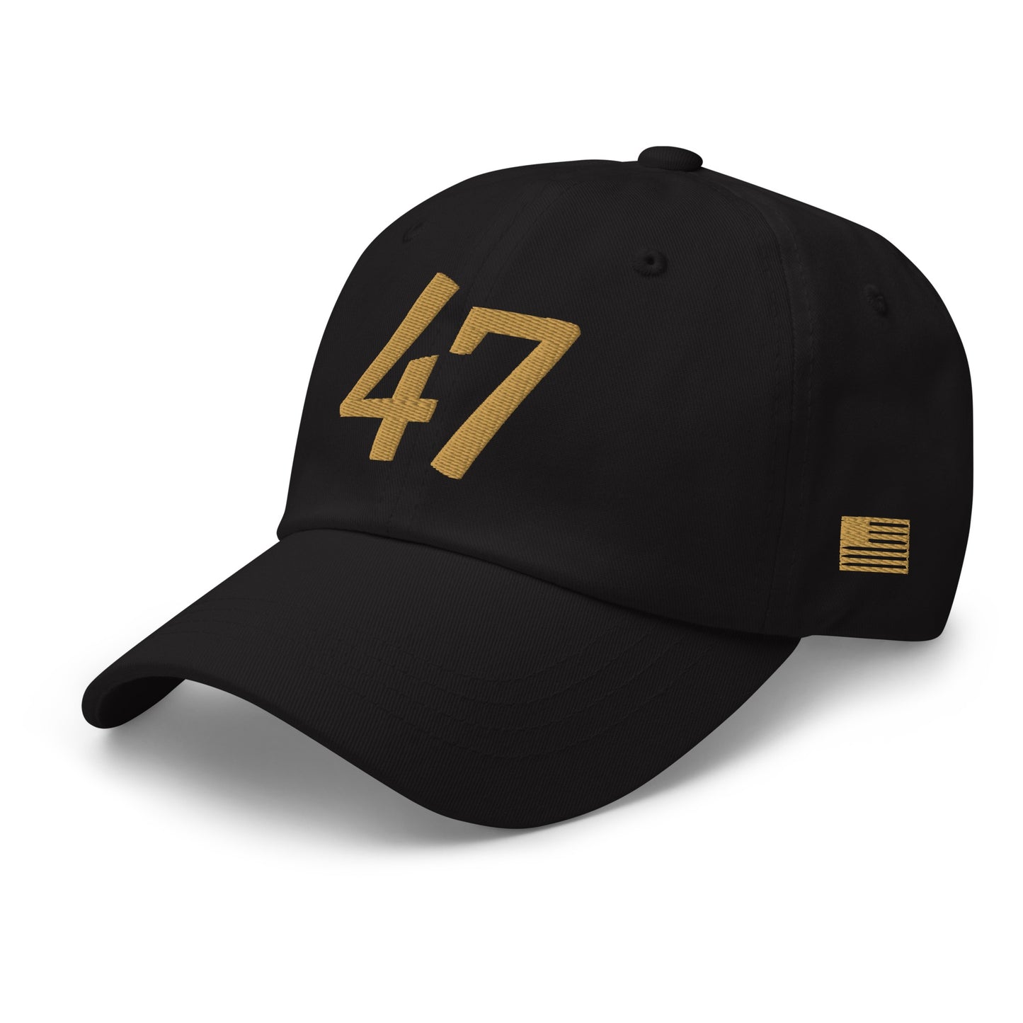 Black cap with gold '47' logo on a white background
