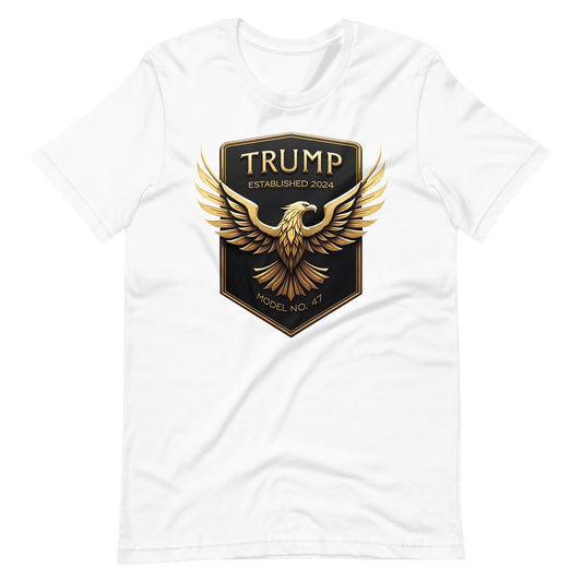 White t-shirt with golden eagle design on a white background