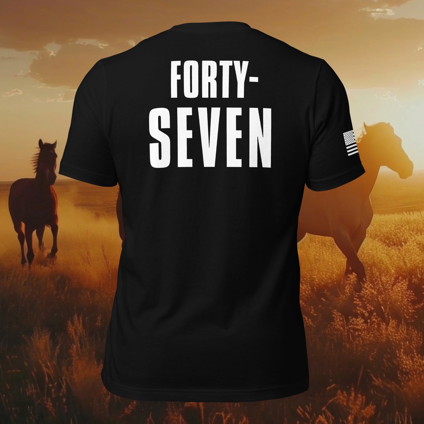 Black t-shirt with 47 logo on front, Forty Seven printed on the back, and American flag on the sleeve with horses running in the background.