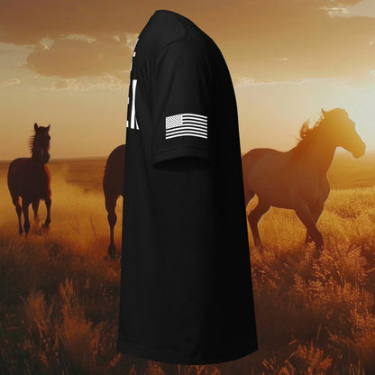 Black t-shirt with American flag on the sleeve with horses running in the background.