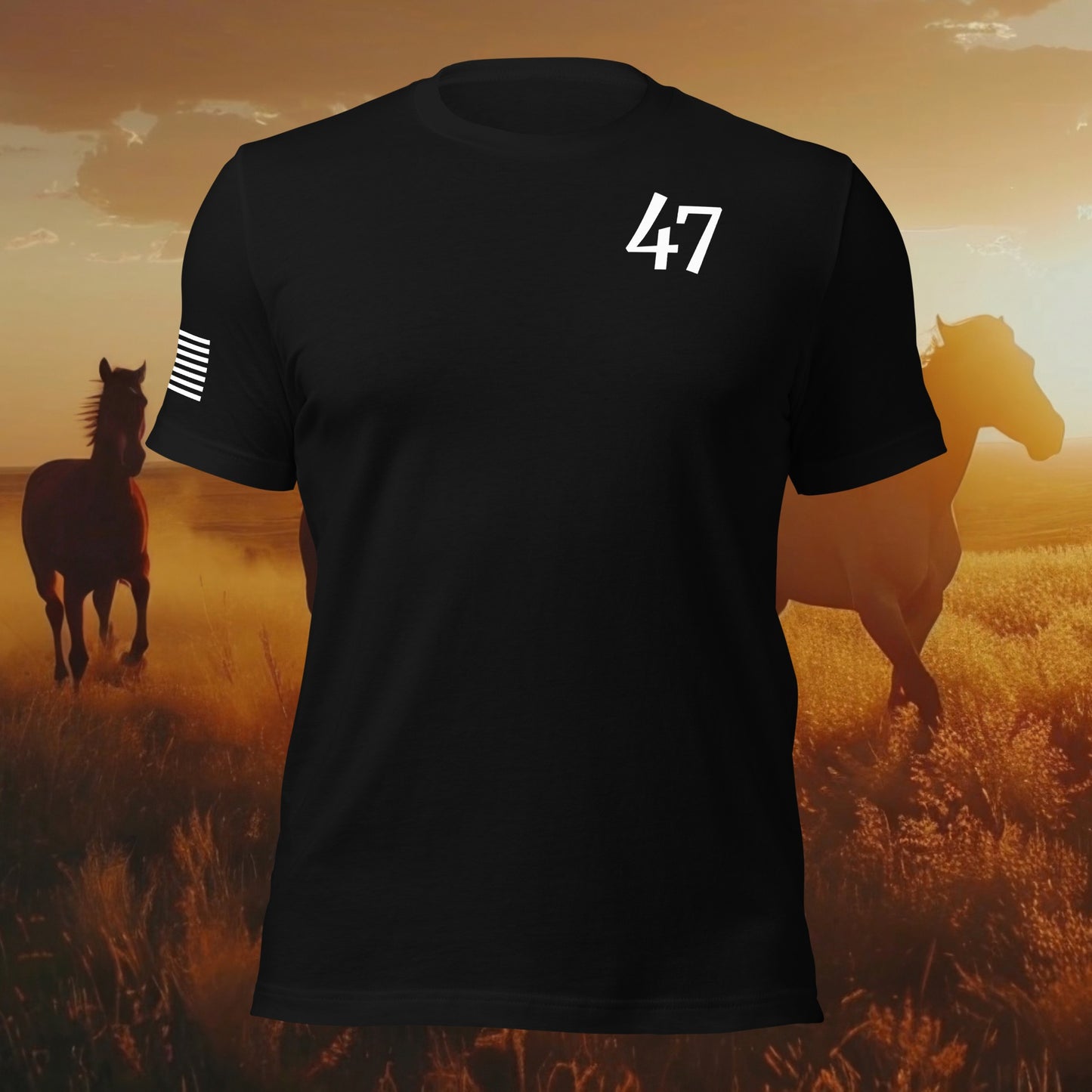Black t-shirt with 47 logo on front, and American flag on the sleeve with horses running in the background.