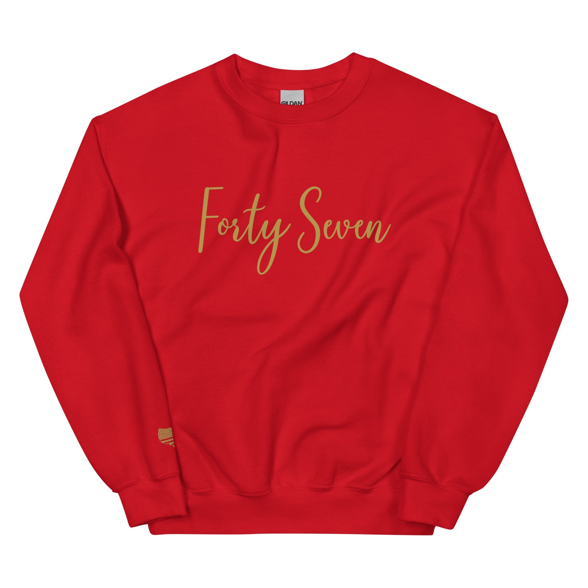 Red sweatshirt with 'Forty Seven' printed in gold on a white background