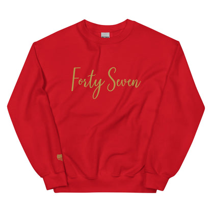 Red sweatshirt with 'Forty Seven' printed in gold on a white background