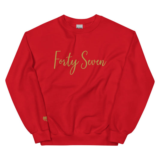 Red sweatshirt with 'Forty Seven' printed in gold on a white background