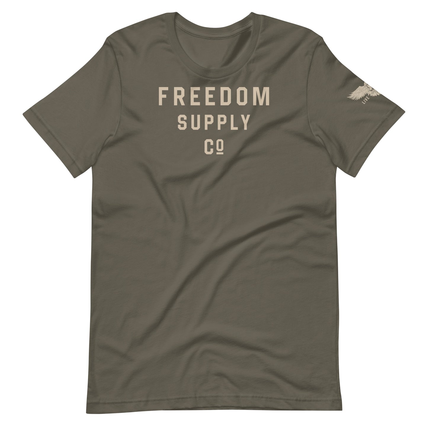 Army Green t-shirt with Freedom Supply Co text in tan with sidearm Live Free badge