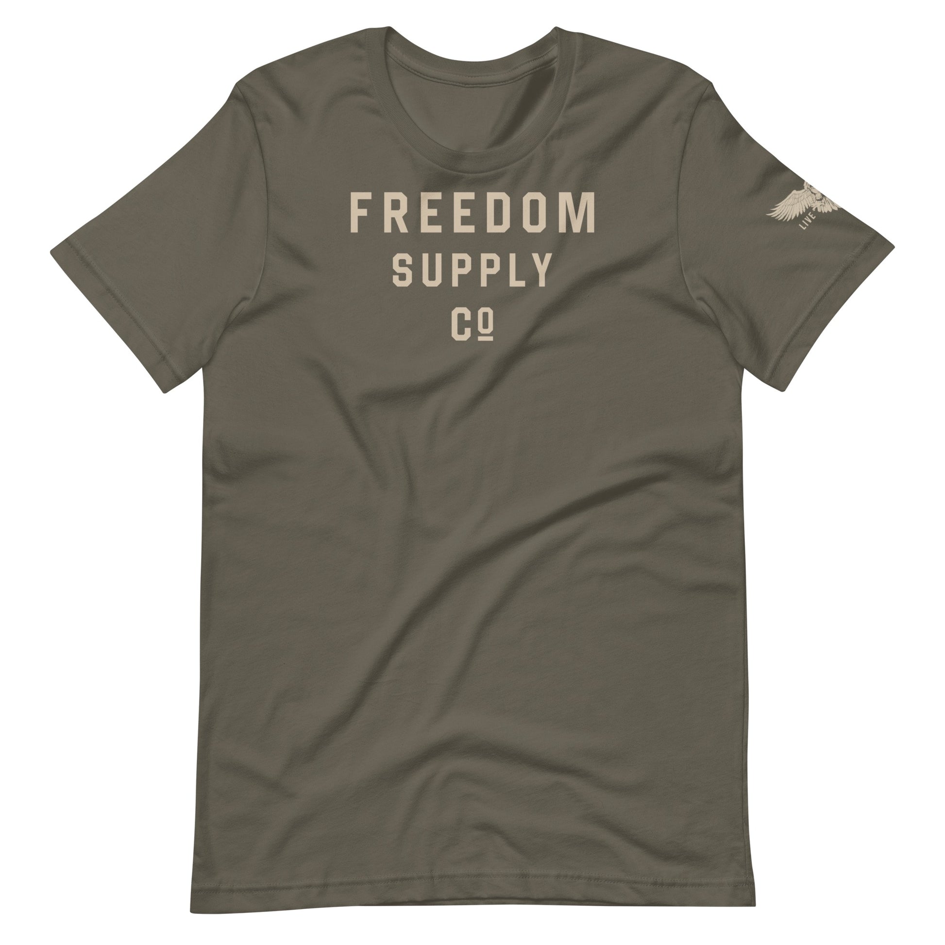 Army Green t-shirt with Freedom Supply Co text in tan with sidearm Live Free badge