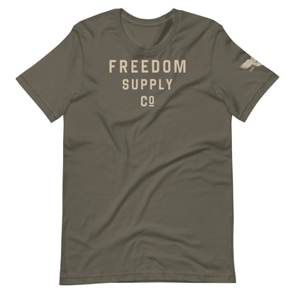 Army Green t-shirt with Freedom Supply Co text in tan with sidearm Live Free badge