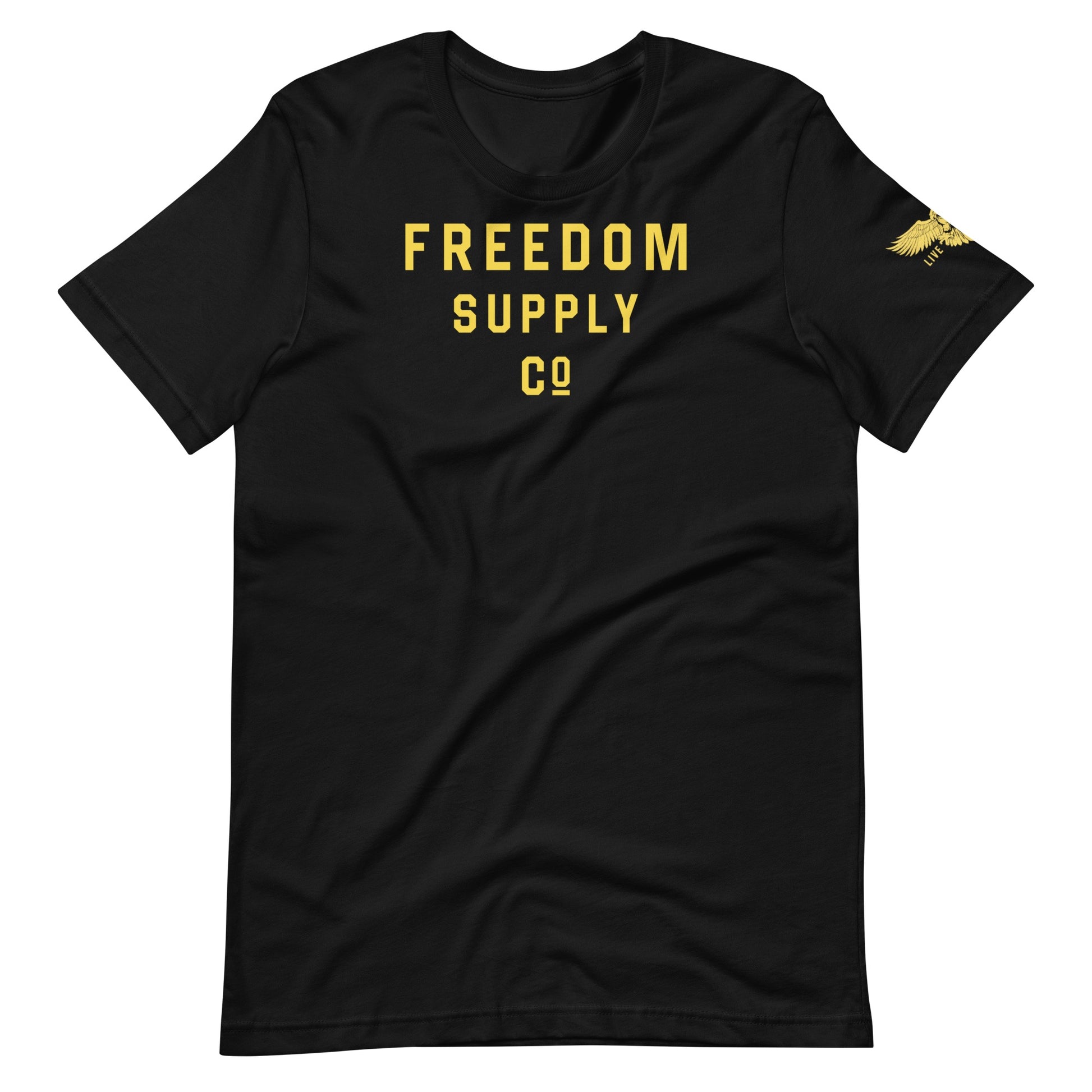 Black t-shirt with Freedom Supply Co text in yellow with sidearm Live Free badge