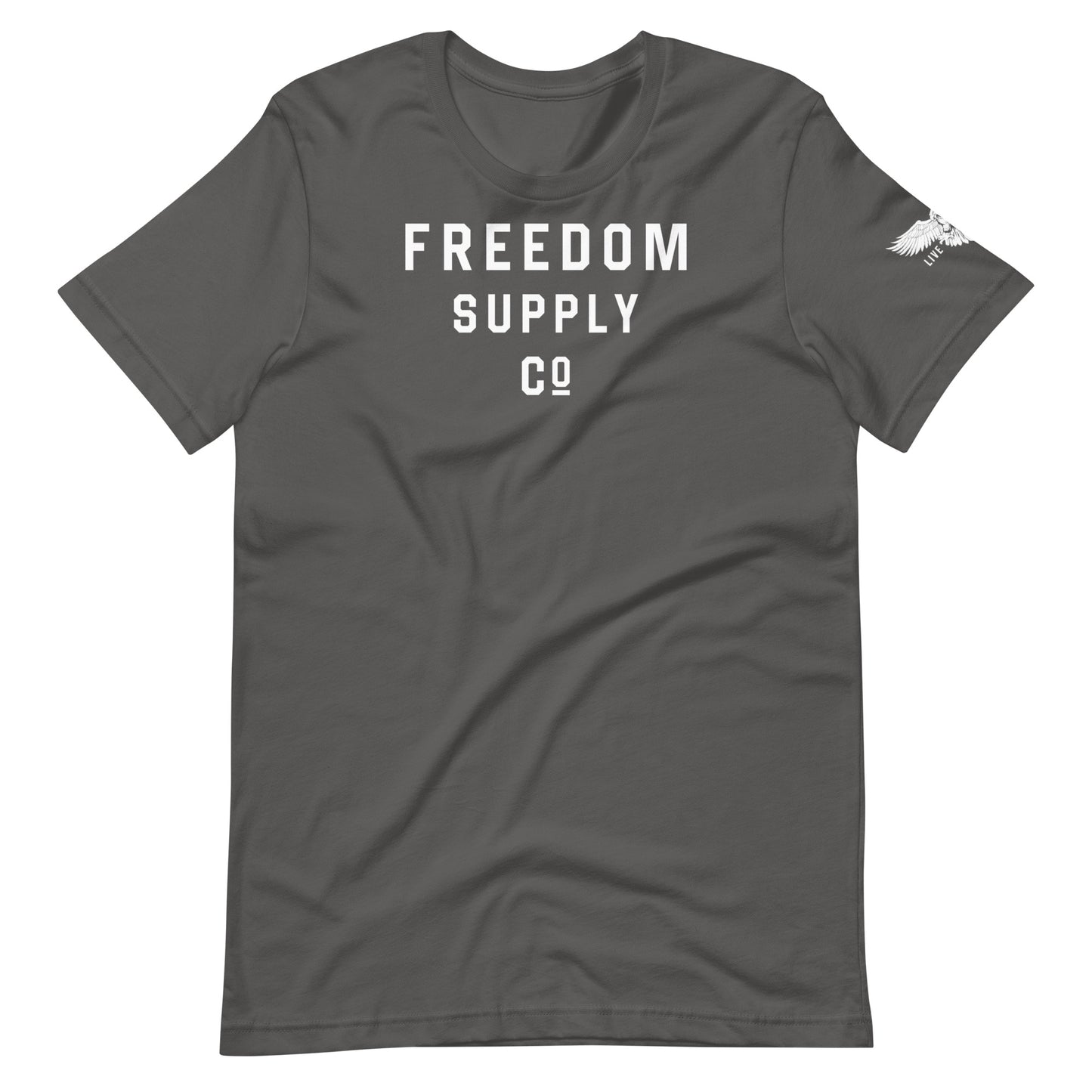 Asphalt Gray t-shirt with Freedom Supply Co text in white with sidearm Live Free badge