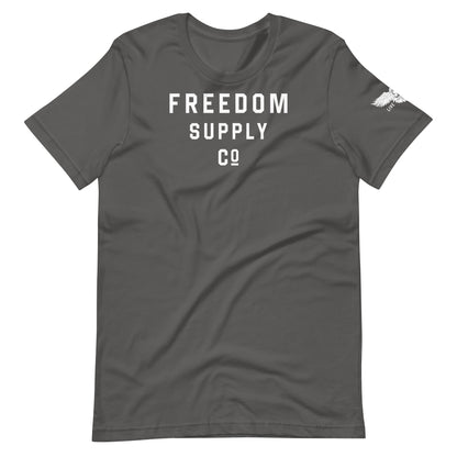 Asphalt Gray t-shirt with Freedom Supply Co text in white with sidearm Live Free badge