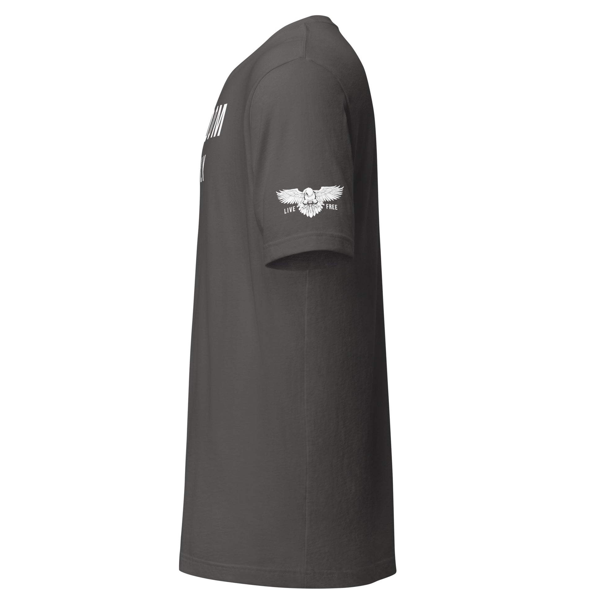 Asphalt Gray Freedom Supply Co t-shirt with sidearm Live Free badge