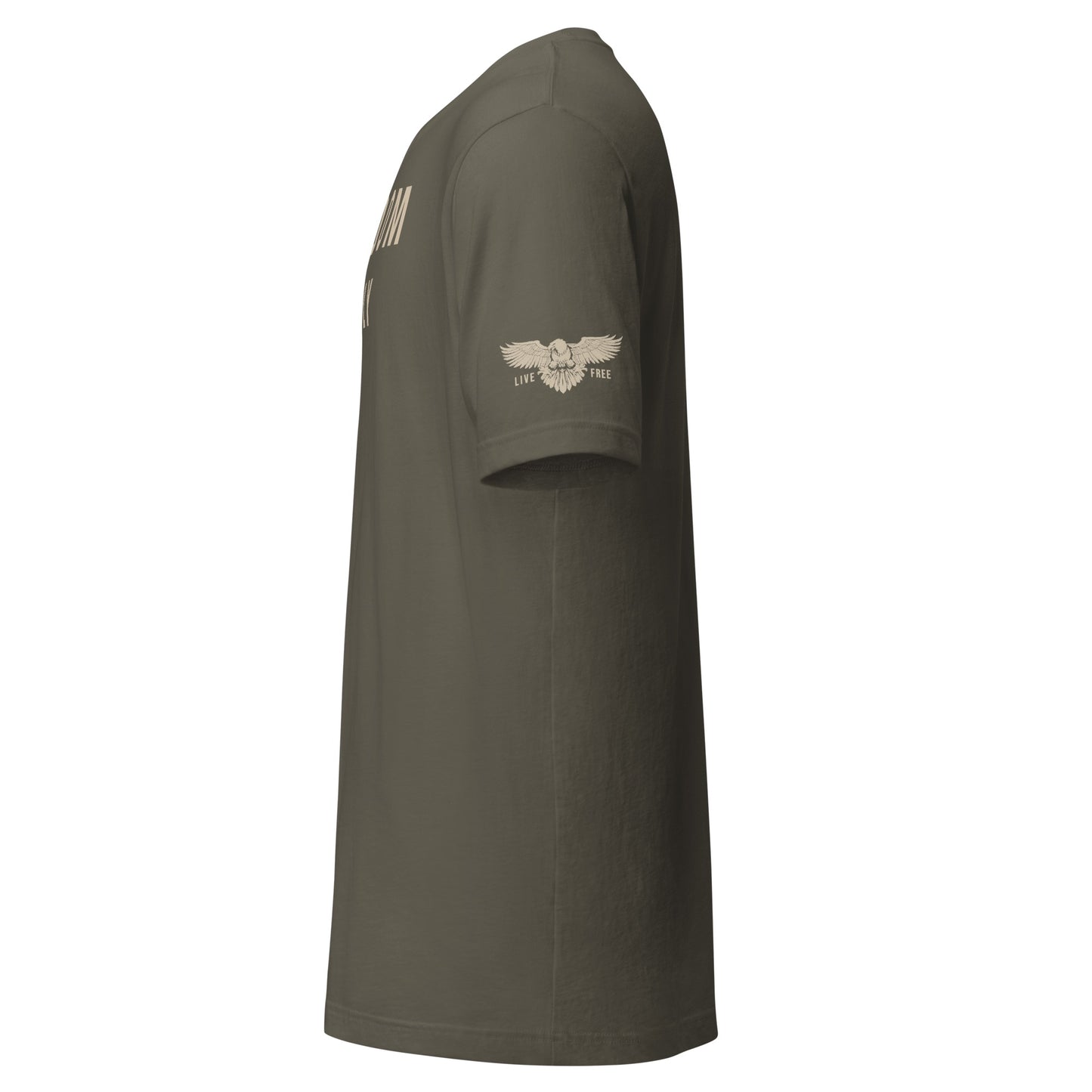 Army Green Freedom Supply Co t-shirt with sidearm Live Free badge