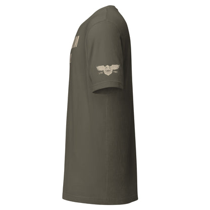 Army Green Freedom Supply Co t-shirt with sidearm Live Free badge