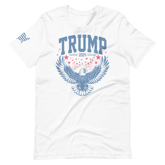 White t-shirt with blue eagle graphic and text on a white background