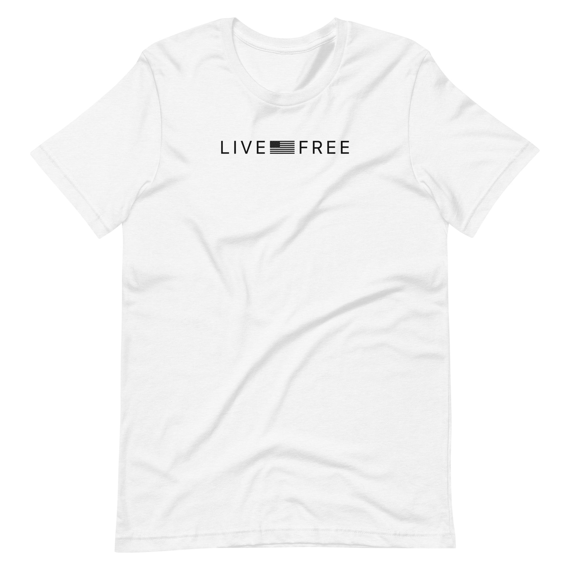White t-shirt with 'LIVE FREE' text on a white background
