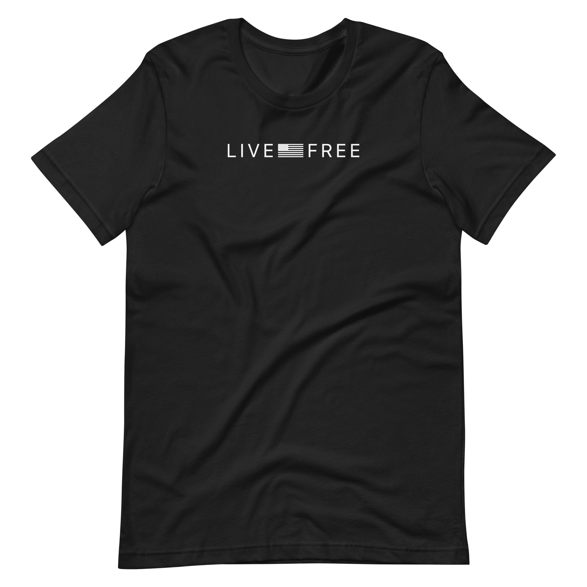 Black t-shirt with 'LIVE FREE' text on a white background