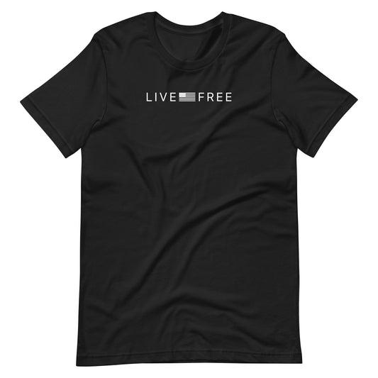 Black t-shirt with 'LIVE FREE' text on a white background
