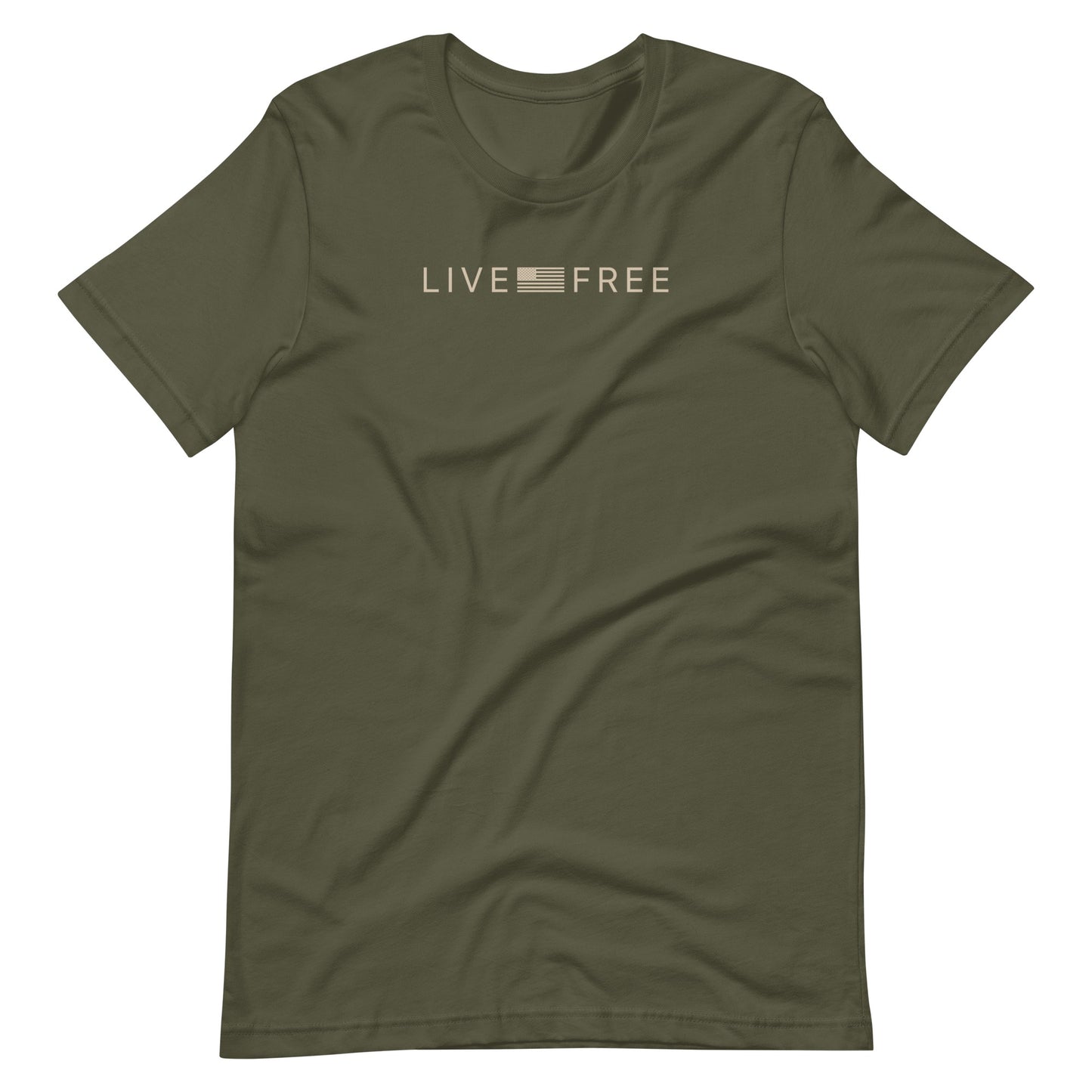 Military Green t-shirt with 'LIVE FREE' text in tan on a white background