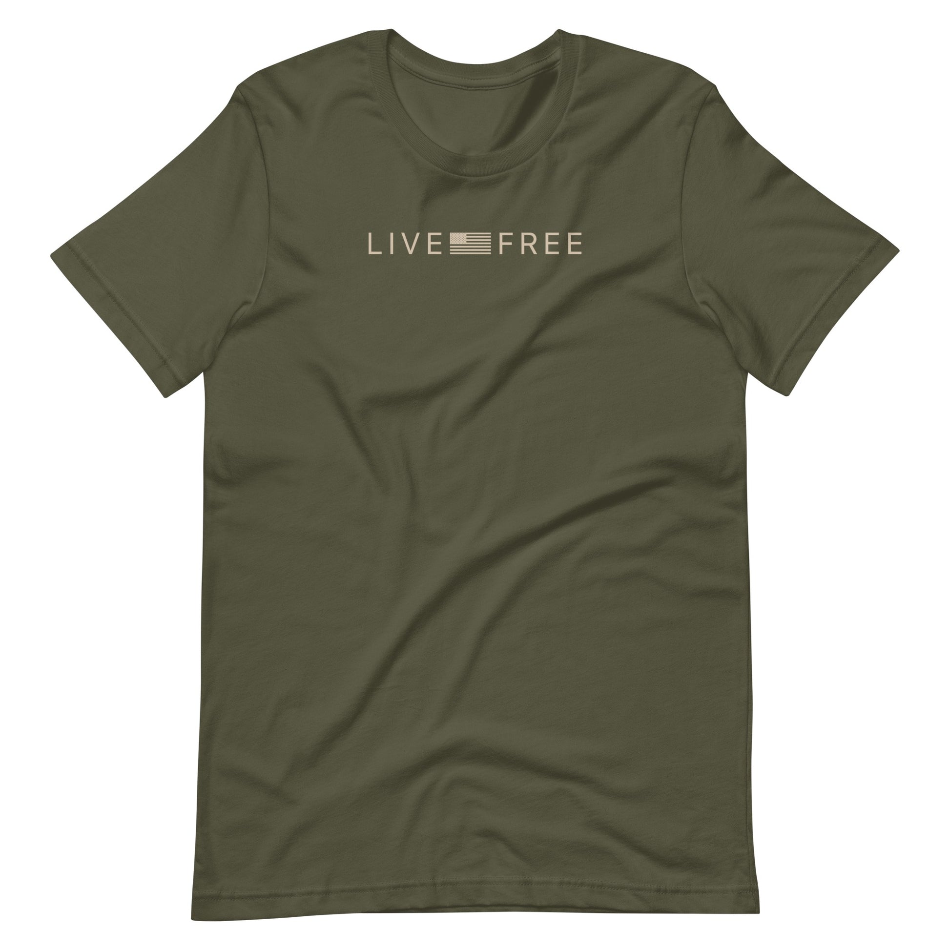 Military Green t-shirt with 'LIVE FREE' text in tan on a white background