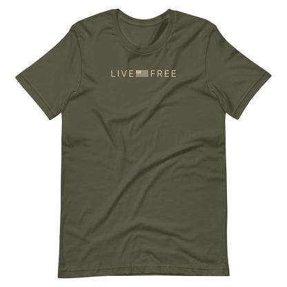 Military Green t-shirt with 'LIVE FREE' text in tan on a white background