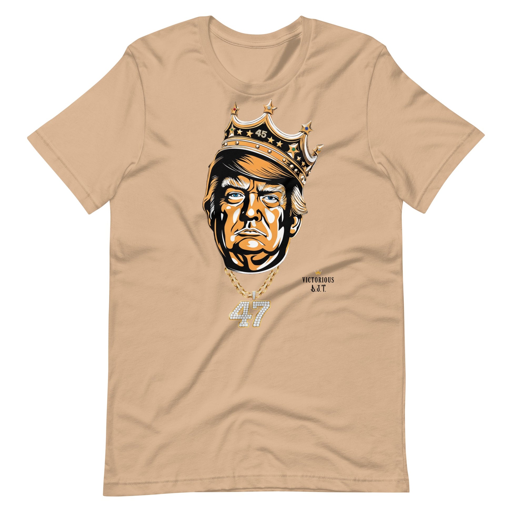 Tan t-shirt with a graphic of DJT wearing a crown and number 47 on a white background