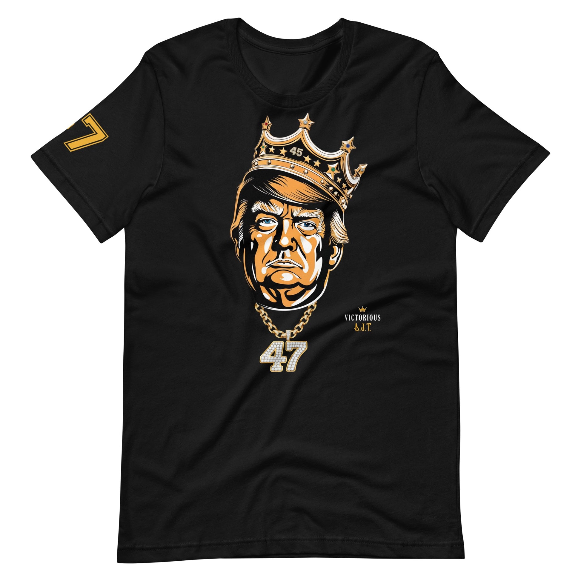 Black t-shirt with a graphic of DJT wearing a crown and number 47 on a white background