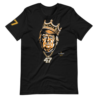 Black t-shirt with a graphic of DJT wearing a crown and number 47 on a white background