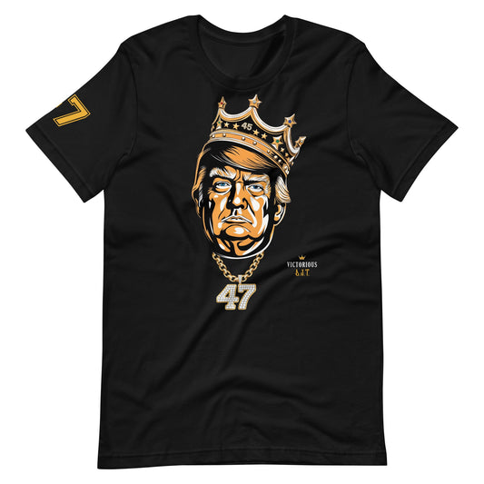 Black t-shirt with a graphic of DJT wearing a crown and number 47 on a white background