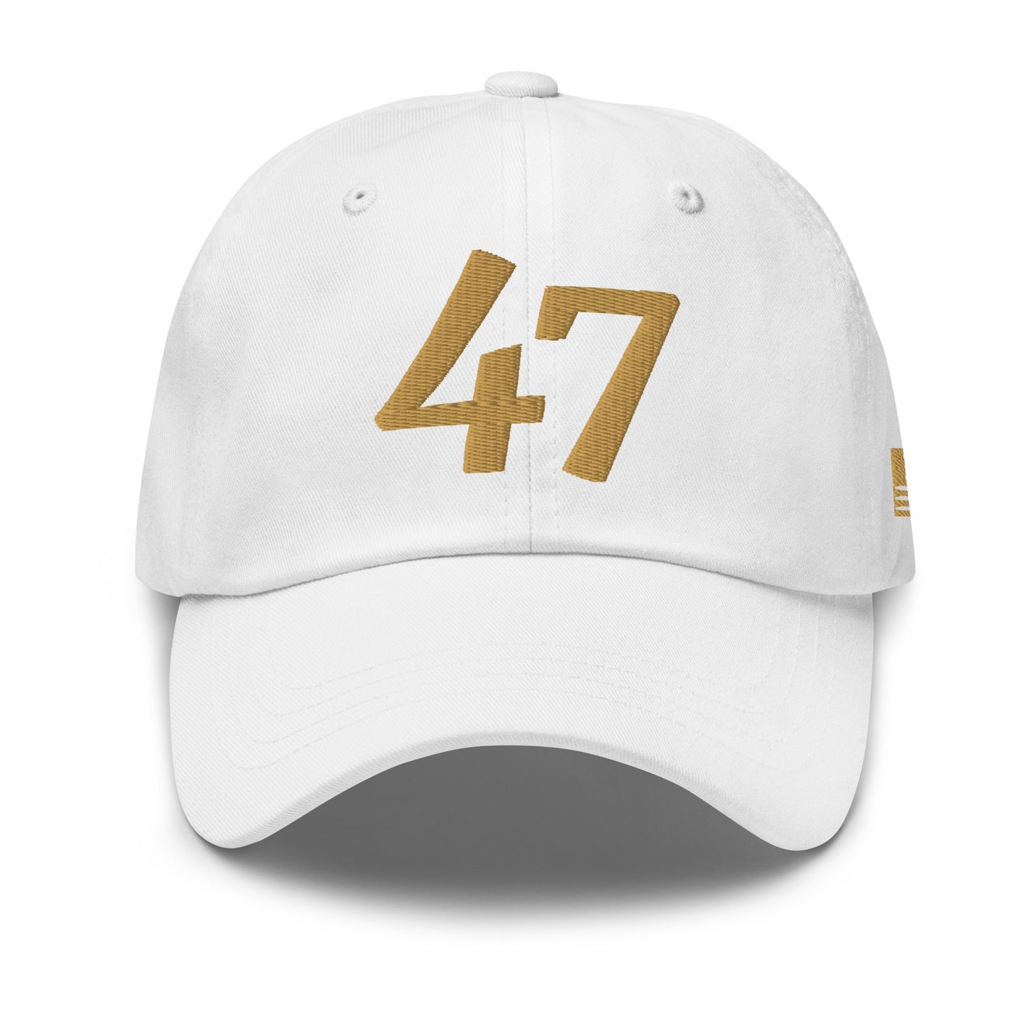 White cap with gold number '47' on a white background