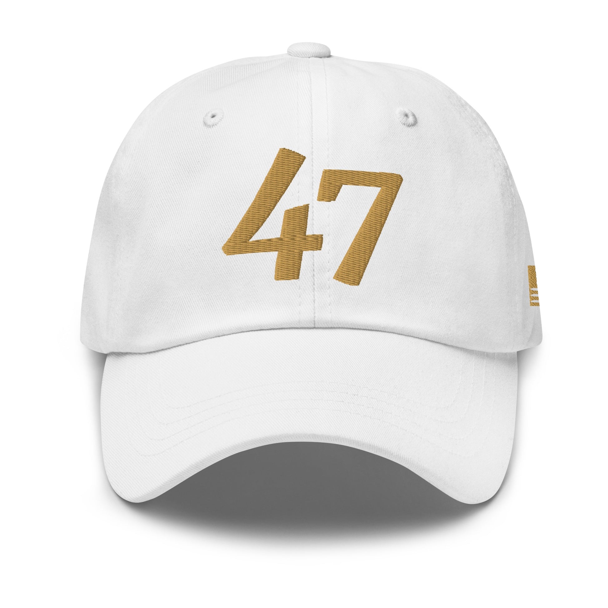 White cap with gold number '47' on a white background