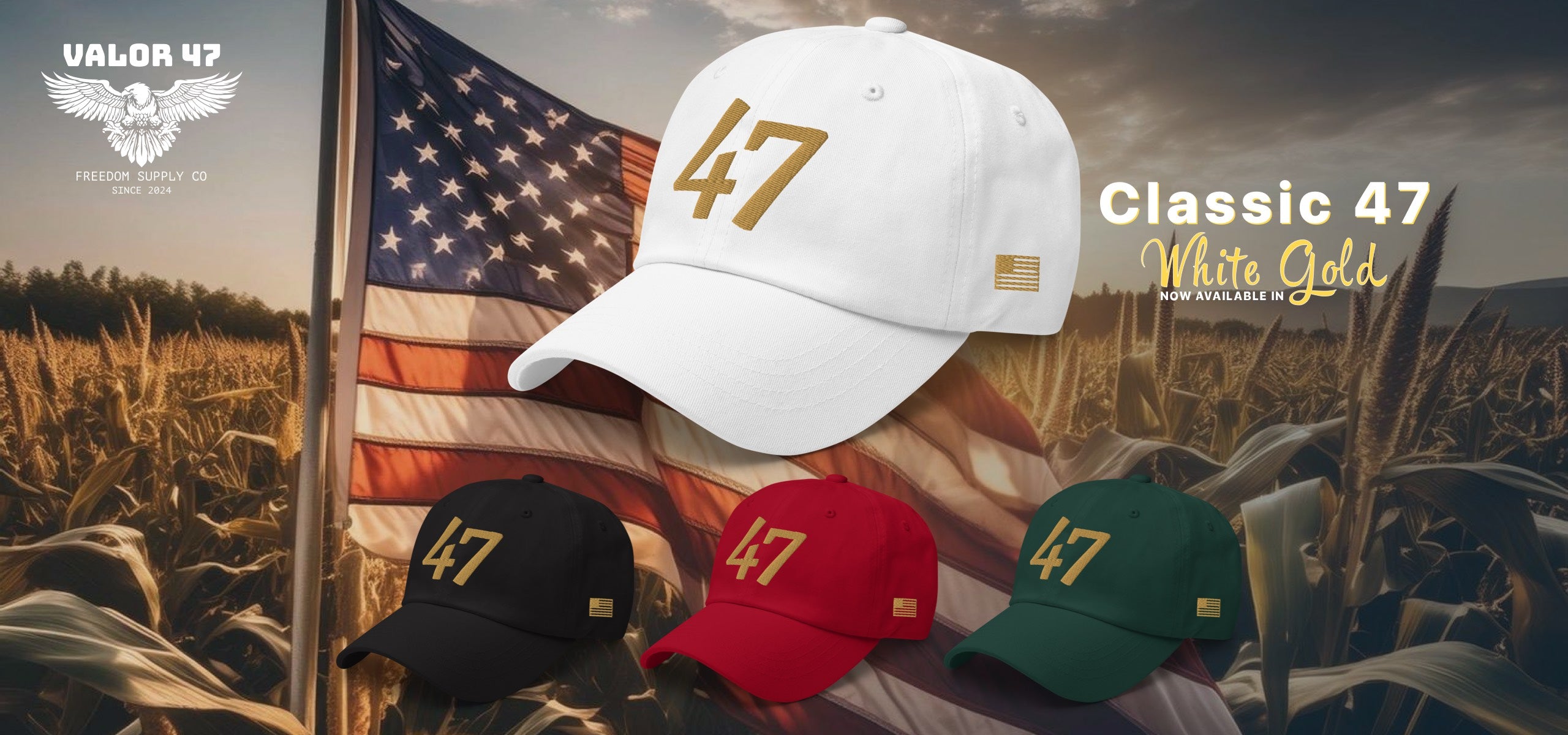 White Gold 47 Hat with raised logo in a field with American flag and other Classic 47 hats