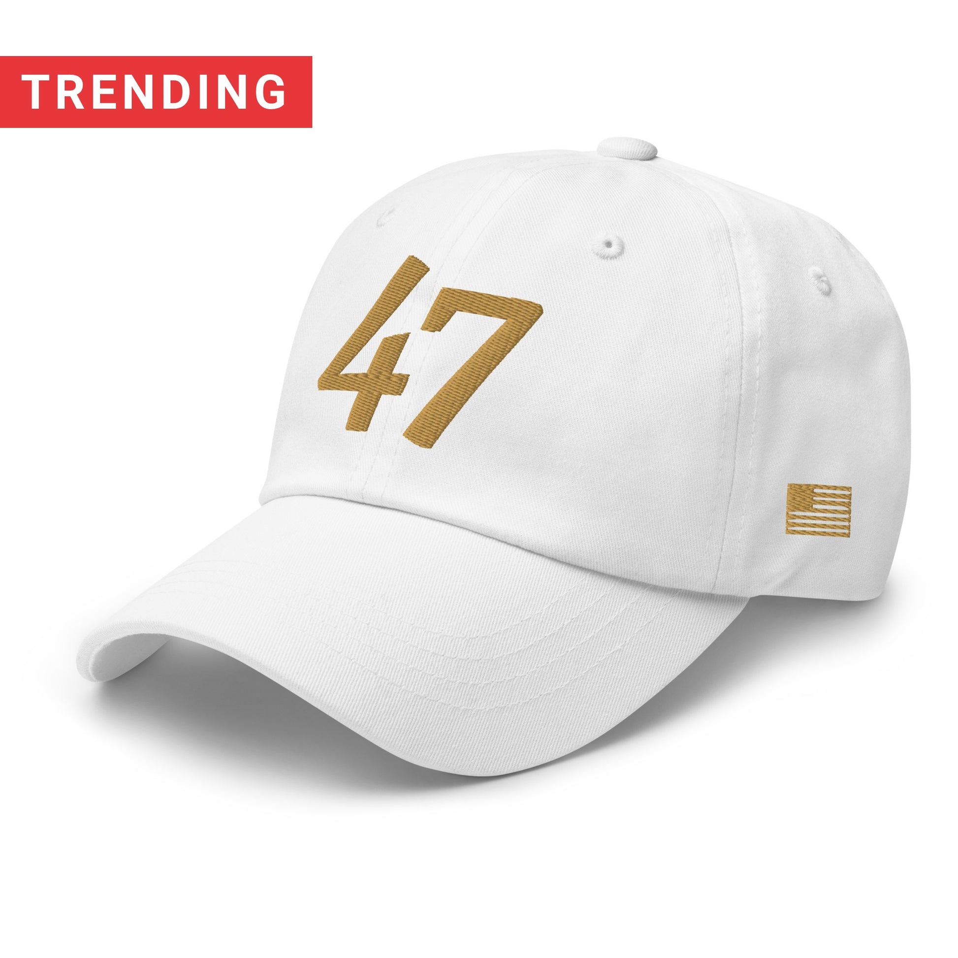 White cap with gold number '47' and small flag on a white background