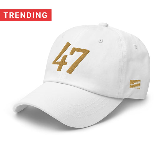 White cap with gold number '47' and small flag on a white background