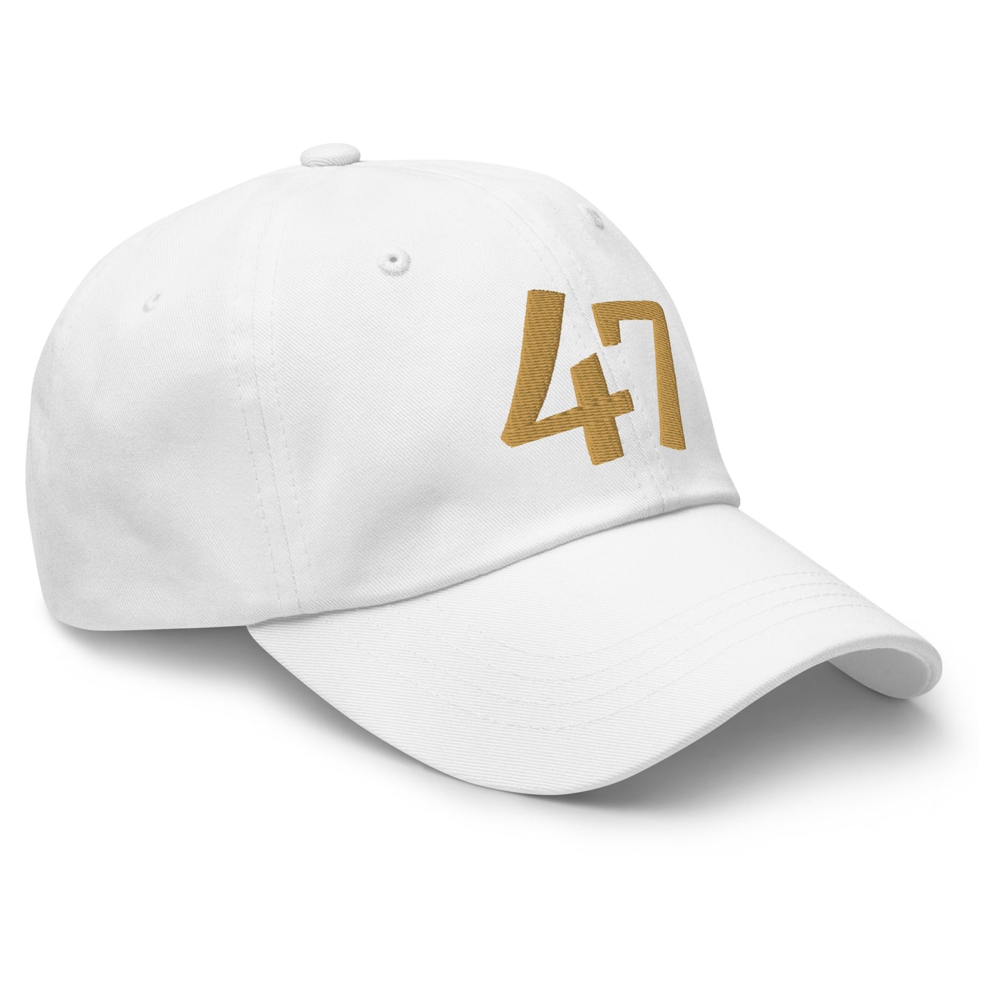 White cap with gold number 47 on a white background